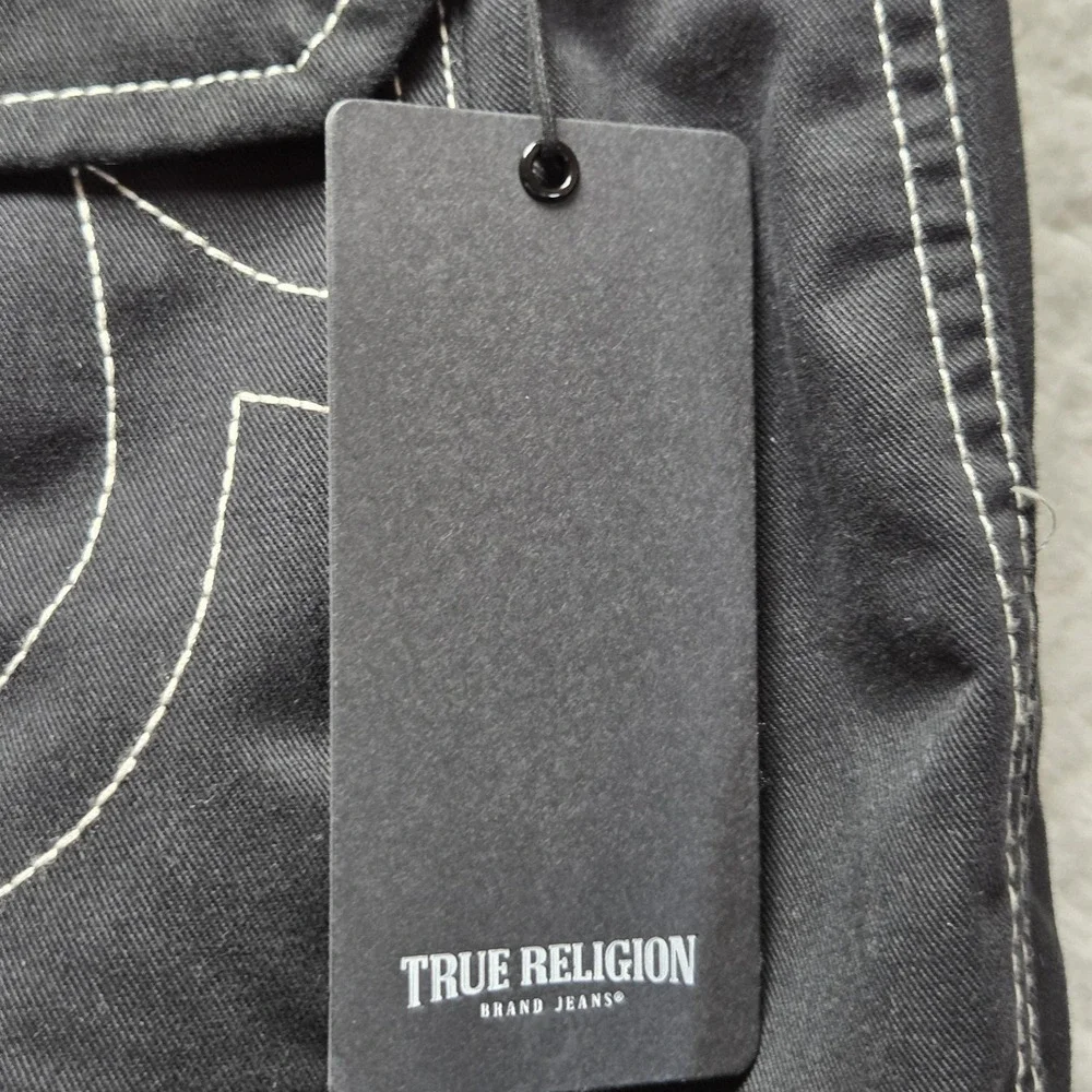 True Religion Cargo Pants Mens 34x31 Black Contrast Stitch Denim Pockets Casual